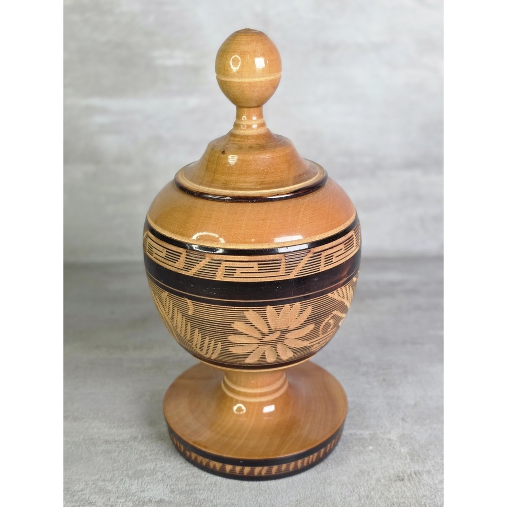 Carved Wooden Lidded Jar Pedestal Mexico 98 Burned Floral & Geometric Folk Art